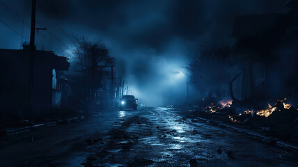 Fototapeta premium Abstract background with mystic blue smoke over old asphalt. Generative Ai