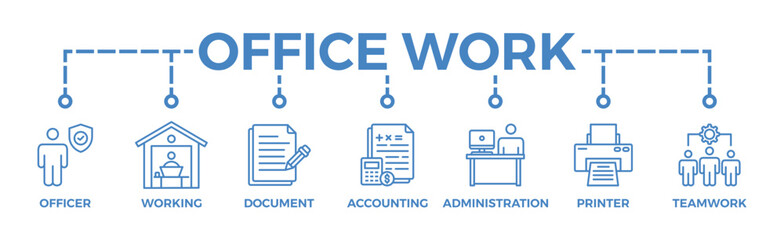 Office work banner web icon vector illustration concept with icon of officer, working, document, accounting, administration, printer, teamwork