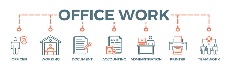 Office work banner web icon vector illustration concept with icon of officer, working, document, accounting, administration, printer, teamwork
