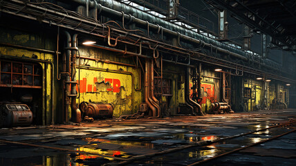 Abandoned ruined industrial warehouse. Generative Ai