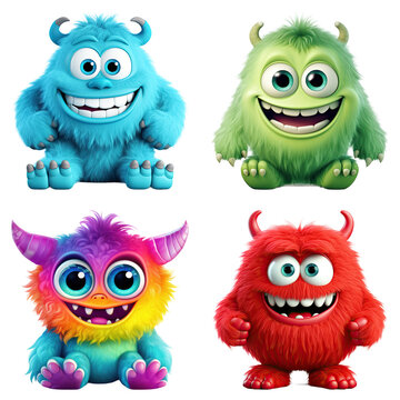 a collection of cute fuzzy grinning monsters isolated on a transparent background, generative ai
