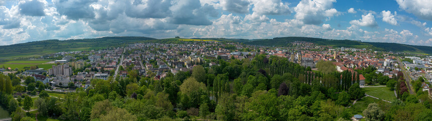 Bad Mergentheim panorama and surrounding area taken from above by drone in summer