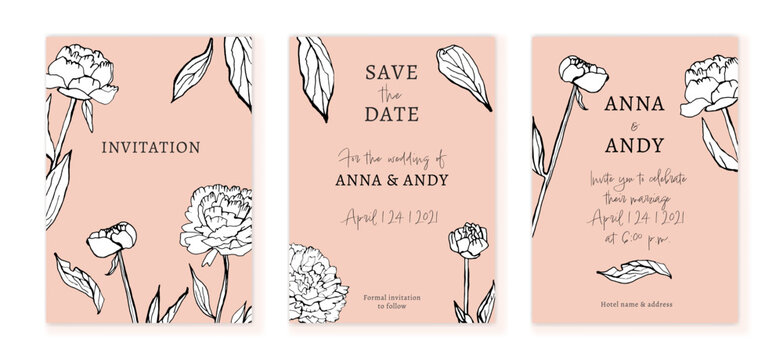Wedding invitation card template with hand drawn peonies