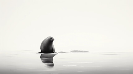 A minimalist, zen - inspired ink drawing of a lone seal on an ice floe, vast expanse of empty space evoking the isolation of the polar environment, monochrome, with strong emphasis on negative space