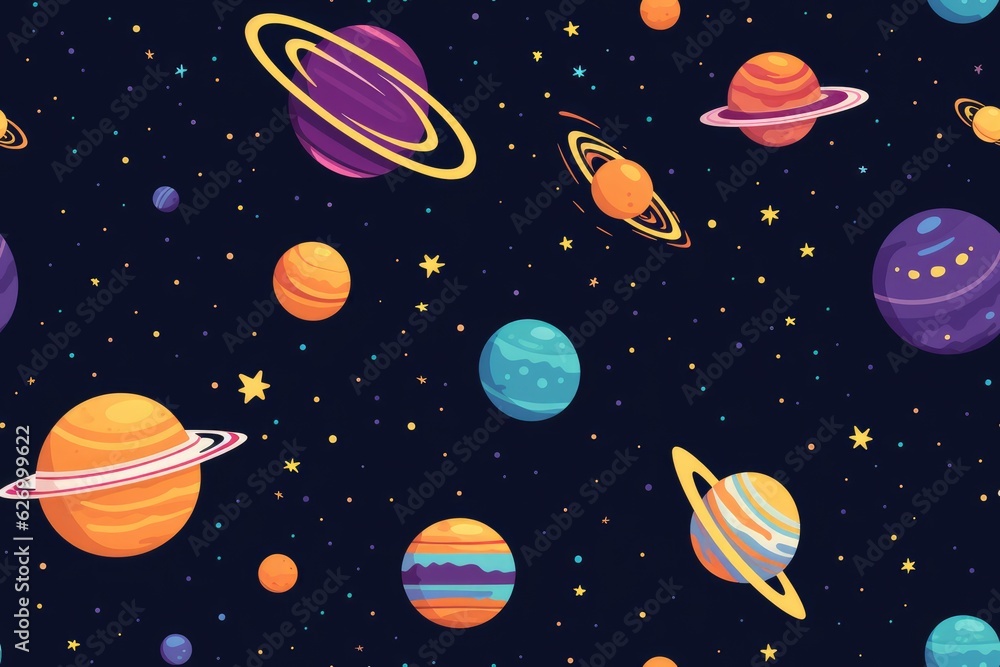 Wall mural seamless pattern with cartoon planets and stars. generative ai
