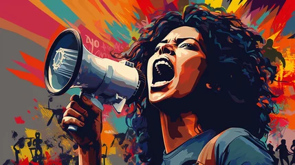 The vibrancy of an activist speaking passionately, pop - art style, bold outlines, high contrast colors, raw energy, and emotional expression © Marco Attano