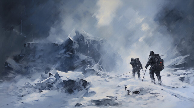 polar explorers braving a snowstorm, their silhouettes against the raging elements, the environment painted with broad, expressive brush strokes, color palette of whites, blues and grays