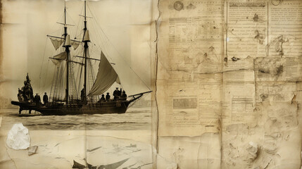 A multi - layered collage of vintage photographs from early polar expeditions, sepia - toned, elements of grunge and scrapbooking, incorporated text excerpts from explorer's diaries, mixed media digit