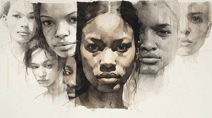 A collage of abstract human faces of different ethnicities, sketched in charcoal, raw emotion and determination, against a stark white background, dramatic contrast