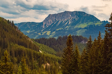 Alpine summer view at Mount Fuessener Joechle , Tannheimer Tal valley, Tyrol, Austria
