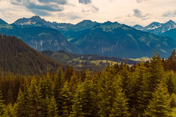 Fototapeta na wymiar Alpine summer view at Mount Fuessener Joechle , Tannheimer Tal valley, Tyrol, Austria