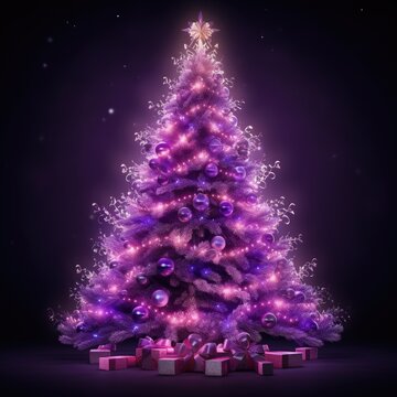 Christmas shiny purple magic fir tree on purple background. Generative AI