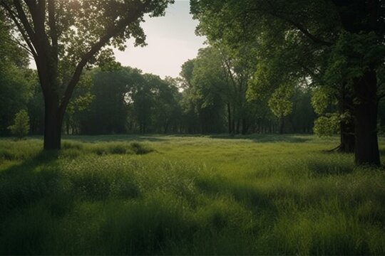A serene and beautiful green scenery teeming with trees and lush grass. Generative AI