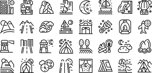 Nighttime adventures icons set outline vector. Night vibes. Dark lights