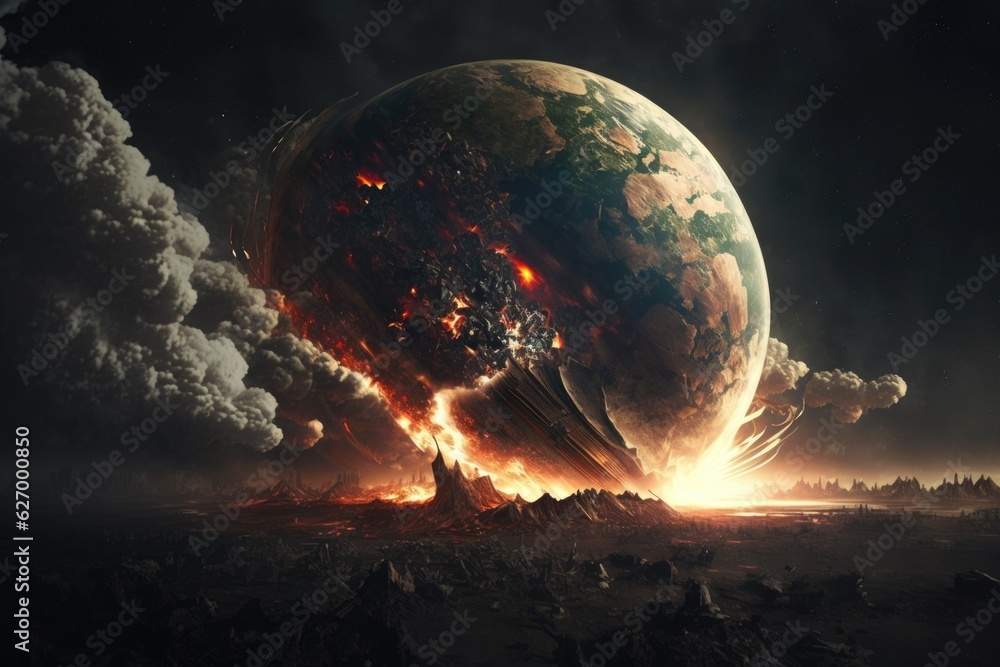 Poster the explosion of a planet falling on the surface of another planet