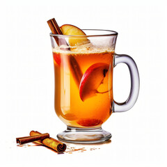 glass mug of apple cider with cinnamon isolated on white 