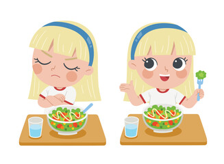 Collection of A Girl Little Girl happy   and Unhappy to eat salad. Healthy and vegan food concept.