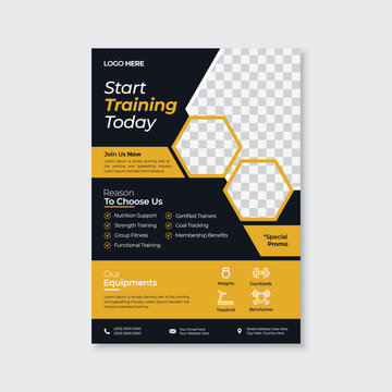 Gym fitness center, body building training promotional A4 size paper template, modern marketing handouts leaflet with abstract shapes and place for photo, editable vector layout template