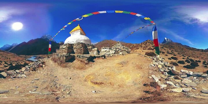 4K VR of Dingboche and Pheriche village in Nepal, basic point of everest base camp track. EBC. Buddhist stupa on mountain trekking path in Himalayas.