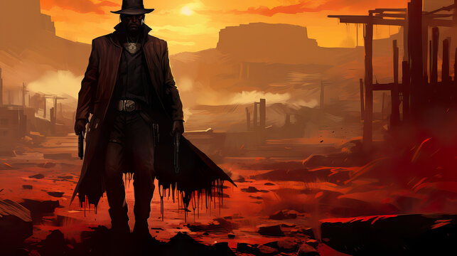 Gunslinger's Wild West Journey: Epic Adobe Stock Image of a Dynamic Western Character
