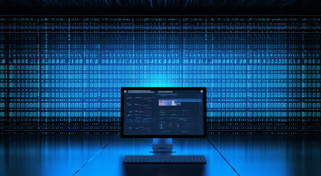minimalistic coding on the screen, hi tech, realistic, minimal, blue color