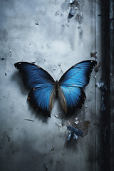 shiny blue butterfly on a old concrete wall. peeling old paint. transformation concept art.