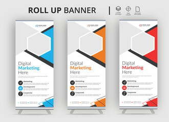 Obraz premium Roll up business template layout brochure leaflet vector,Roll up banner design template vector, abstract background, Roll up banner vector template