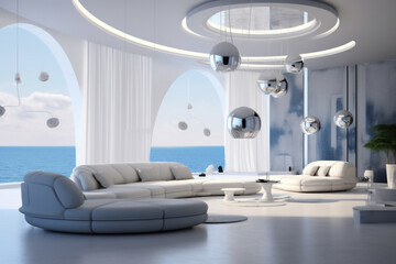 White large modern living room, ocean view background, modern Italian round furniture, ultramarine round pillows , modern architecture, round windows. AI Generative