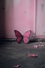 pretty pink butterfly in a pink abandoned room. freedom and overcoming. 