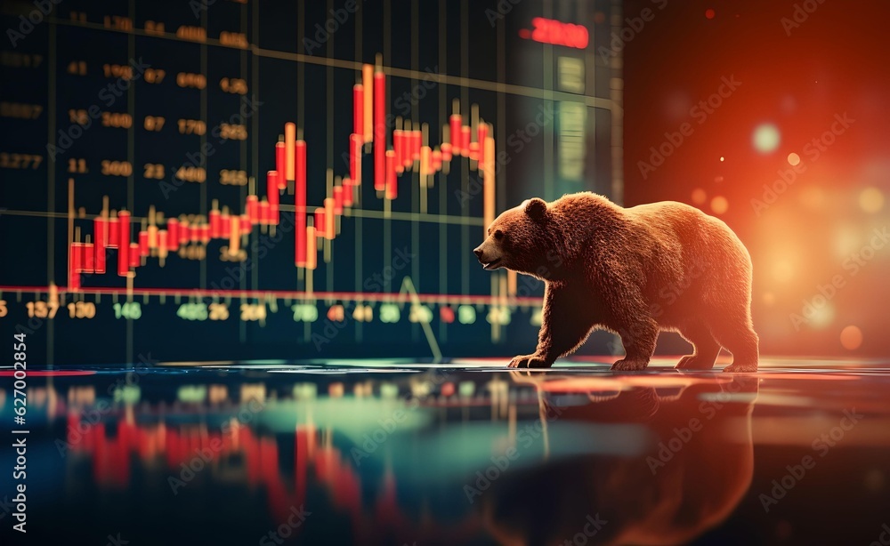 Poster bear market concept with stock chart digital numbers crisis red price drop arrow down chart fall. bi