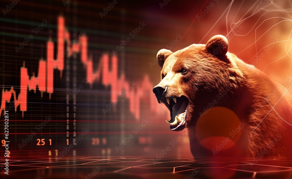 Poster bear market concept with stock chart digital numbers crisis red price drop arrow down chart fall. bi