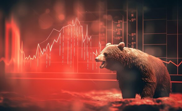 Bear market concept with stock chart digital numbers crisis red price drop arrow down chart fall. Bitcoin and Stock Exchange. Generative AI.	