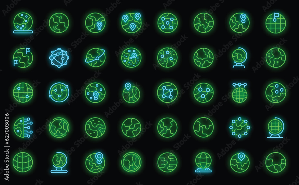 Aufkleber globe icons set outline vector. earth map. world grid neon color on black