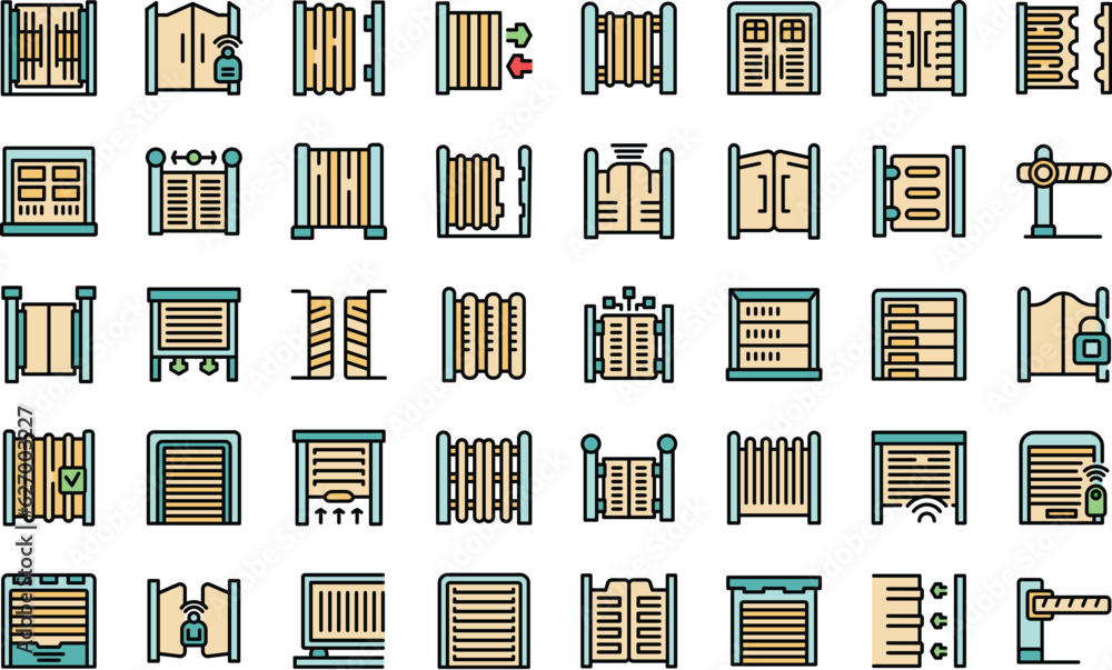 Poster automatic gates icons set outline vector. security car. house gate thin line color flat on white