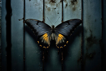 black and yellow butterfly on rusty prison bars. freedom and transformation concept art. - obrazy, fototapety, plakaty