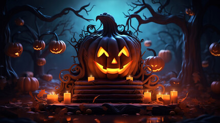 Halloween background with pumpkin on a wooden table against a spooky landscape. Generative Ai