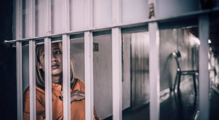 Portrait of women desperate to catch the iron prison,prisoner concept,thailand people,Hope to be...