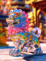 Colorful Chinese Guardian Lion Statue in Glass
