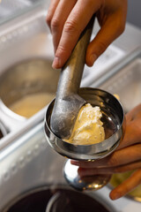 Delicious ice cream in a confectionery shop. Close-up