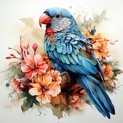 colorful bird illustration with flowers, generative ai