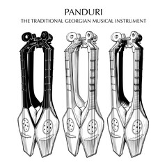 Panduri is a traditional Georgian musical instrument similar to a mandolin. Line drawing isolated on grunge watercolor textured background. EPS10 vector illustration