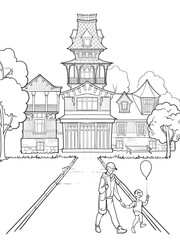 M. Benois House in St. Petersburg. Coloring page for children. Black line drawing isolated on white background. EPS10 vector illustration