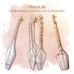 Panduri a traditional Georgian musical instrument similar to a mandolin. Line drawing isolated on grunge watercolor textured background. EPS10 vector illustration