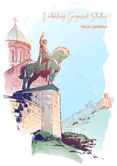 Metekhi Church and King Vakhtang Gorgasal Equisterian Statue in Tbilisi, Georgia. Line drawing watercolour painted and isolated on white background. EPS10 vector illustration