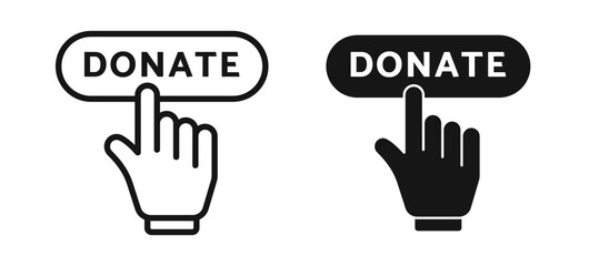 Donate button vector icon set. click here to give help button with hand for apps and website ui design. - obrazy, fototapety, plakaty