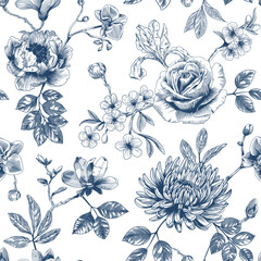 Abstract modern floral seamless pattern with hand drawn flower in Toile de jouy style. Retro elegance repeat print. Vintage design for fabric, wallpaper or wrapping