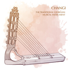Changi a traditional Georgian musical instrument similar to Harp. Line drawing isolated on grunge watercolor textured background. EPS10 vector illustration