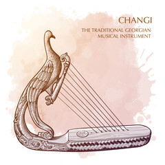 Changi is a traditional Georgian musical instrument similar to Harp with hand carved pheasant figurine. Line drawing isolated on grunge watercolor textured background. EPS10 vector illustration