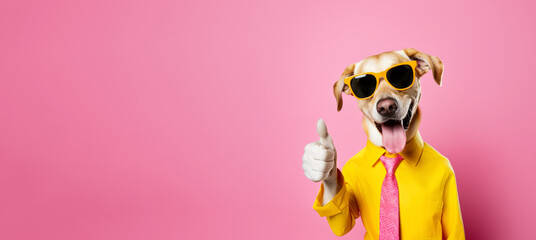 Dog in funky vibrant shirt and tie, sunglasses, looking happy, showing approving thumbs up to appreciate good work or product. Wide banner with copy space right side. Generative AI