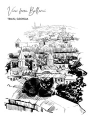 View from Betlemi Church to the city center, Tbilisi, Georgia. Cute black cat in the foreground. Urban life sketch. Black Line drawing isolated on white background. EPS10 vector illustration